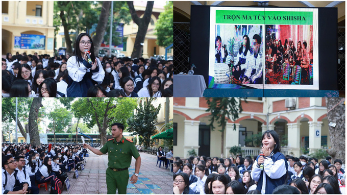 Học sinh tham gia trả lời câu hỏi giao lưu với diễn giả về những tác hại của ma túy.