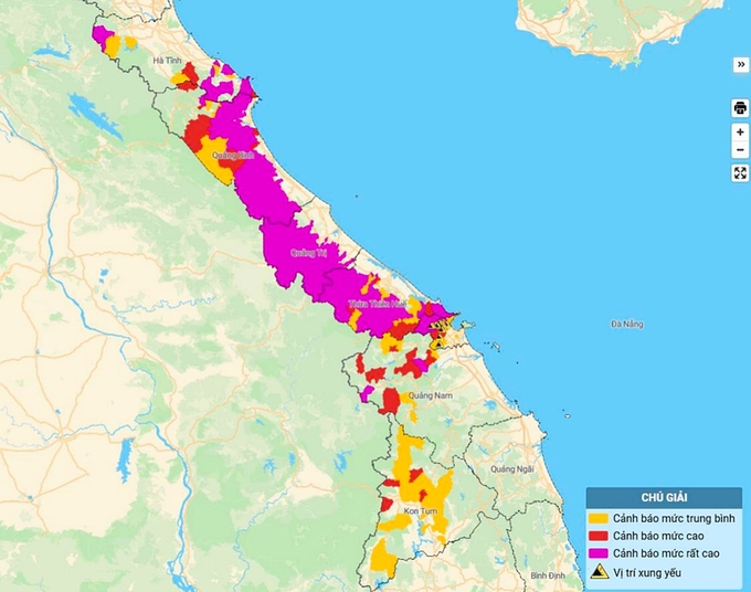 Bản đồ nguy cơ lũ quét, sạt lở đất đá từ Hà Tĩnh đến Quảng Nam và Kon Tum. Ảnh: TT KTTV Quốc gia