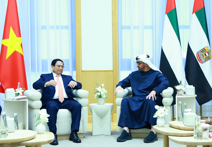 Thủ tướng Chính phủ Phạm Minh Chính và Tổng thống Sheikh Mohammed bin Zayed Al Nahyan nhất trí 6 trọng tâm ưu tiên hợp tác trong khuôn khổ quan hệ Đối tác Toàn diện. Ảnh: VGP.