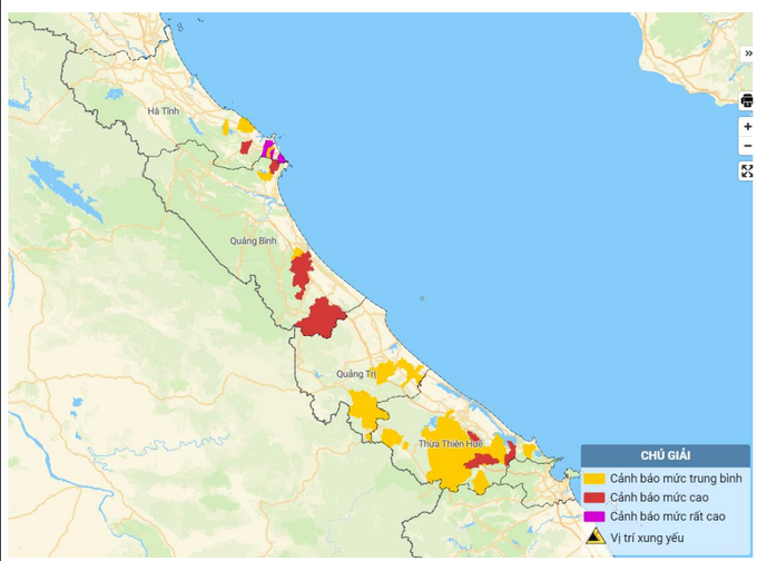 Bản đồ nguy cơ lũ quét, sạt lở đất đá trên các khu vực Hà Tĩnh đến Thừa Thiên - Huế. 