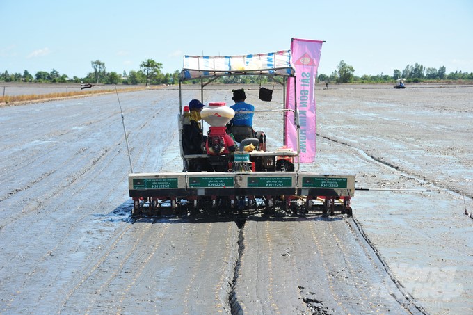 Equipment for cluster sowing and fertilizer burying from Saigon Kim Hong Company is applied in the fields in hamlet 4, Lang Bien commune, Thap Muoi district. Photo: Le Hoang Vu.