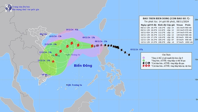 Dự báo hướng di chuyển của cơn bão số 7 trên biển Đông. Ảnh: TT KTTV Quốc gia