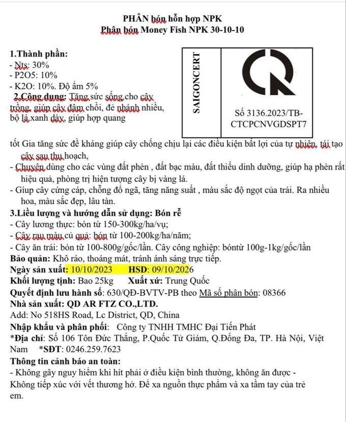 Nhãn phụ dán trên bao phân NPK 30-10-10 của Công ty TNHH Thương Mại Hóa Chất Đại Tiến Phát. Ảnh: Đức Trung.