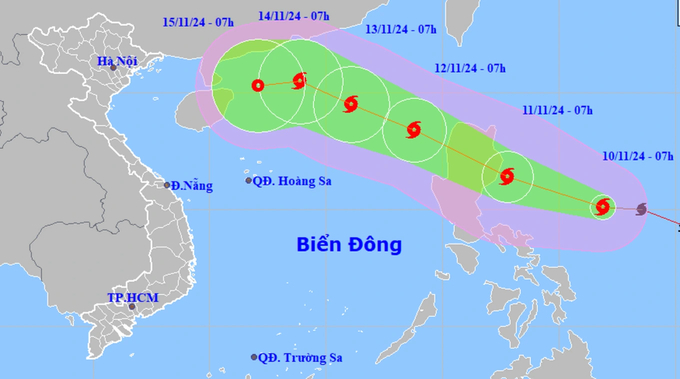 Dự báo hướng di chuyển của bãoToraji. Ảnh: Trung tâm Dự báo khí tượng thủy văn Quốc gia.