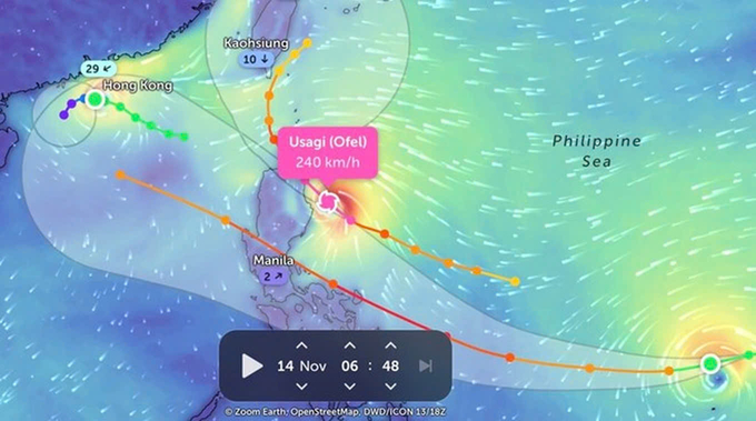 Đường đi của bão Usagi. Ảnh: Zoom Earth.