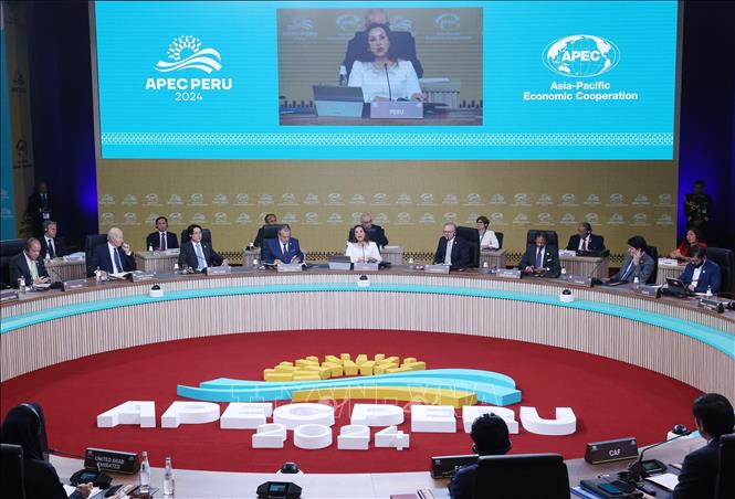 Đối thoại giữa các nhà lãnh đạo APEC với các khách mời tại Trung tâm Hội nghị Lima, Peru sáng 15/11 (giờ địa phương). Ảnh: TTXVN.