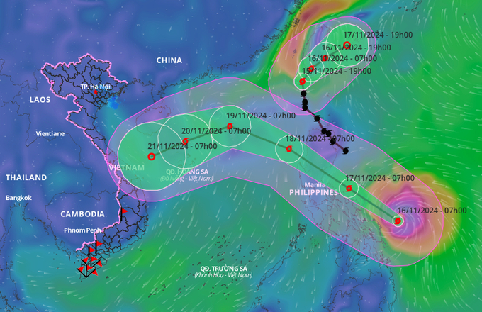 Dự báo hướng đi bão Manyi sáng 16/11. Ảnh: Hệ thống giám sát thiên tai.
