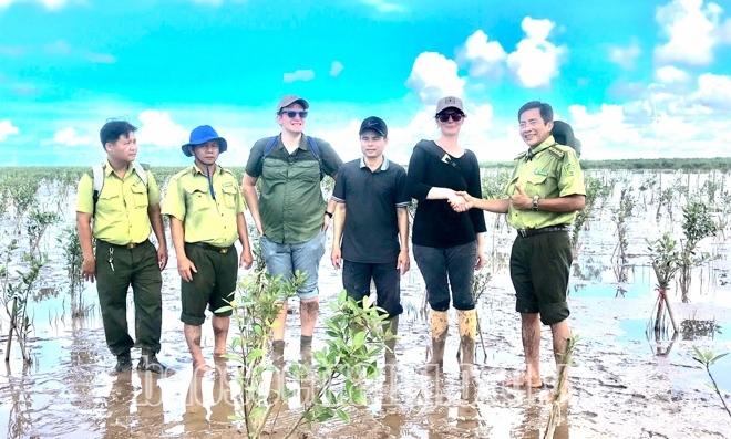 Forest rangers conduct fieldwork at a pilot site for carbon stock measurement in Vinh Chau Town, Soc Trang Province. Photo: Quynh Huong.