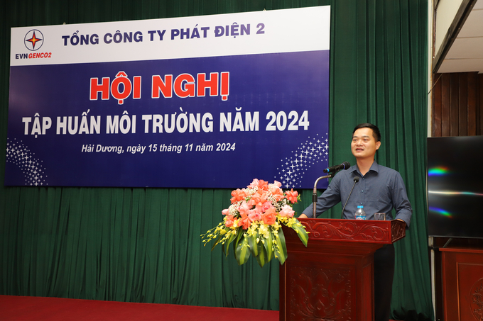 Ông Nguyễn Quốc Minh - Trưởng Ban Khoa học Công nghệ và Môi trường EVN đề nghị các đơn vị của EVNGENCO2 thực hiện công tác bảo vệ môi trường nghiêm túc và hiệu quả. Ảnh: Minh Lương.