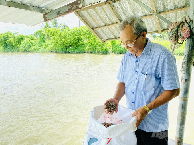 Ông Nguyễn Thanh Bình, Giám đốc HTX dịch vụ Thủy sản Châu Thành, Đồng Tháp kiểm tra thức ăn cho cá. Ảnh: Lê Hoàng Vũ.