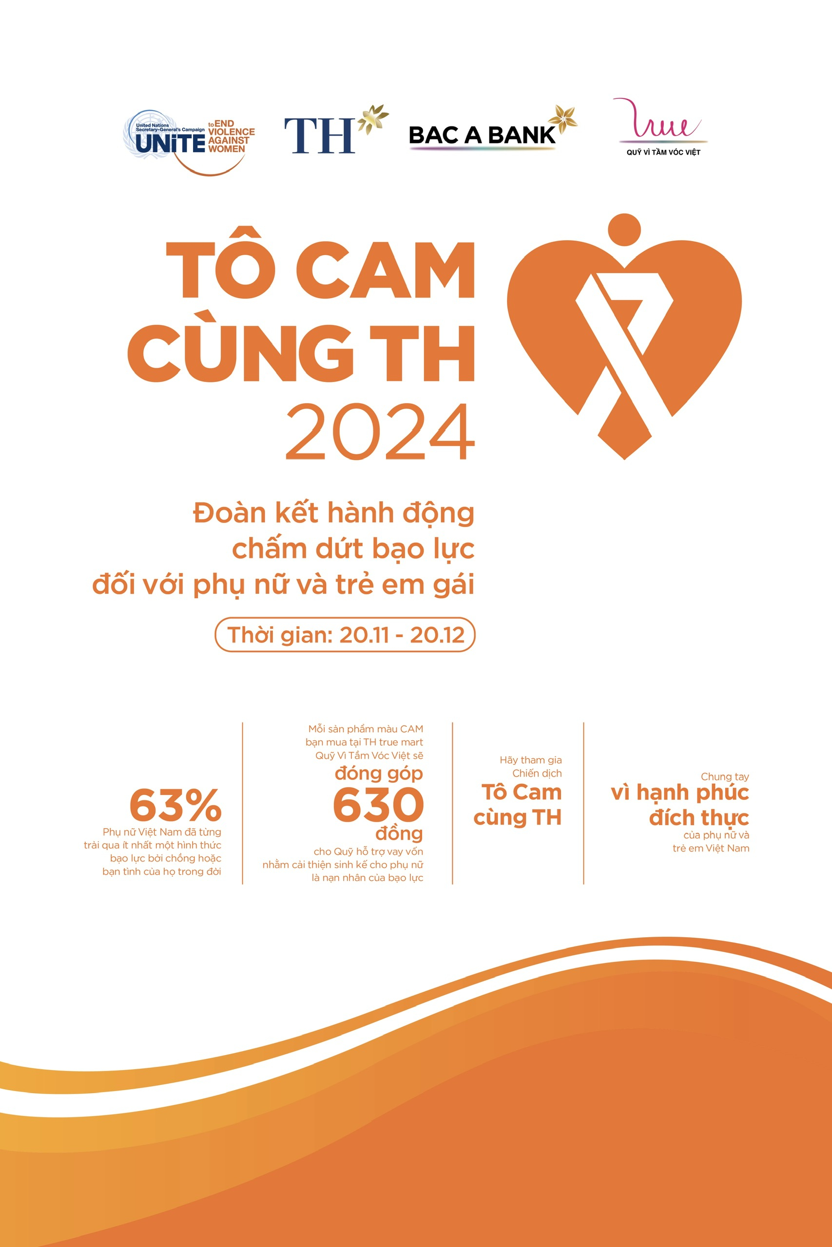 Chiến dịch 'Tô cam cùng TH 2024' diễn ra từ 20/11 - 20/12 với nhiều hoạt động nâng cao nhận thức và gây quỹ hỗ trợ nạn nhân bạo lực giới.