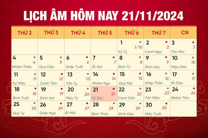 Lịch âm 21/11, xem âm lịch hôm nay Chủ Nhật ngày 21/11/2024 đầy đủ nhất