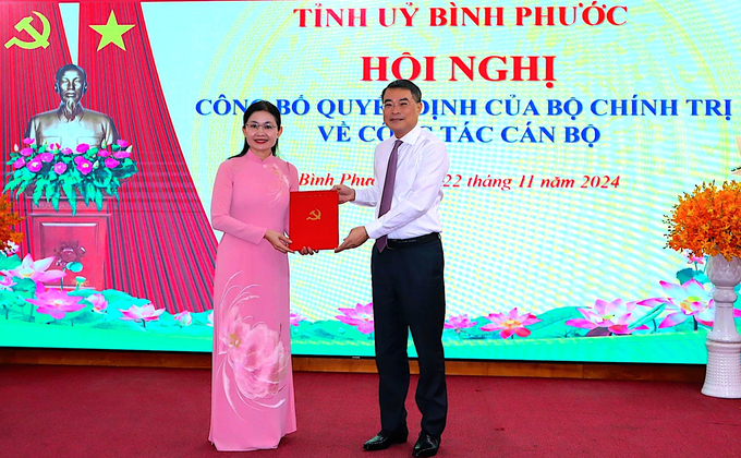 Trưởng ban Tổ chức Trung ương Lê Minh Hưng trao quyết định của Bộ Chính trị cho bà Tôn Ngọc Hạnh. Ảnh: HG.