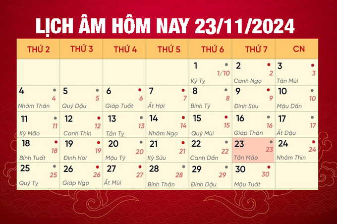 Lịch âm 23/11, xem âm lịch hôm nay thứ 7 ngày 23/11/2024 đầy đủ nhất