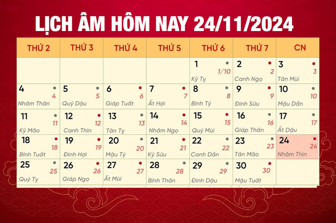 Lịch âm 24/11, xem âm lịch hôm nay Chủ Nhật ngày 24/11/2024 đầy đủ nhất