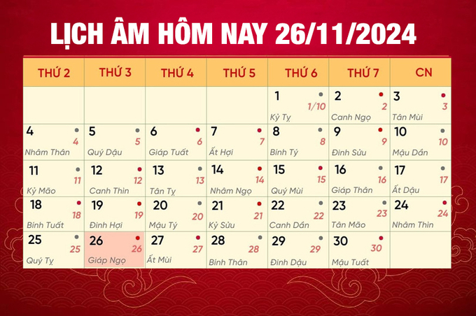 Lịch âm 26/11, xem âm lịch hôm nay Thứ 3 ngày 26/11/2024 đầy đủ nhất