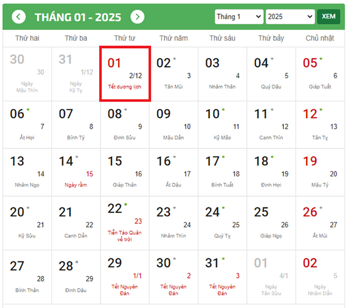 Tết Dương lịch năm 2025 (ngày 01/01/2025) rơi vào thứ 4 nên người lao động sẽ được nghỉ 01 ngày là ngày 01/01/2025.