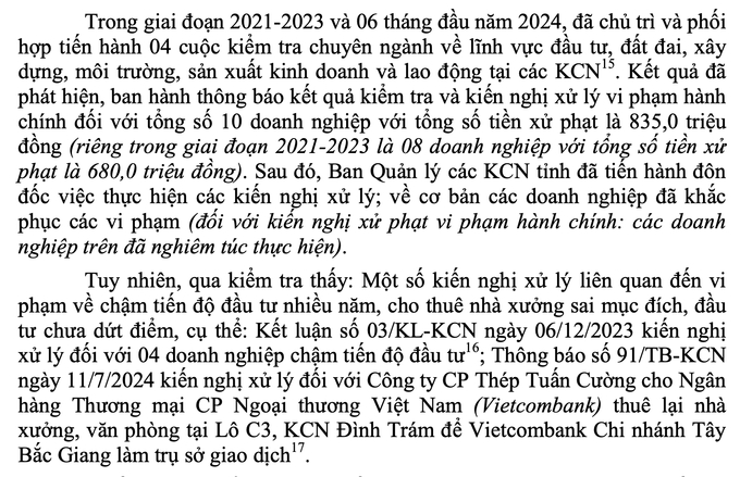 Kiến nghị liên quan đến vi phạm về chậm tiến độ đầu tư nhiều năm, cho thuê nhà xưởng sai mục đích, đầu tư chưa dứt điểm.