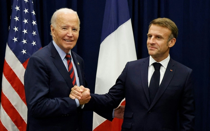 Tổng thống Mỹ Joe Biden gặp Tổng thống Pháp Emmanuel Macron tại Khóa họp thứ 79 của Đại hội đồng Liên hợp quốc ở New York, Mỹ, hồi tháng 9/2024. Ảnh: AFP.