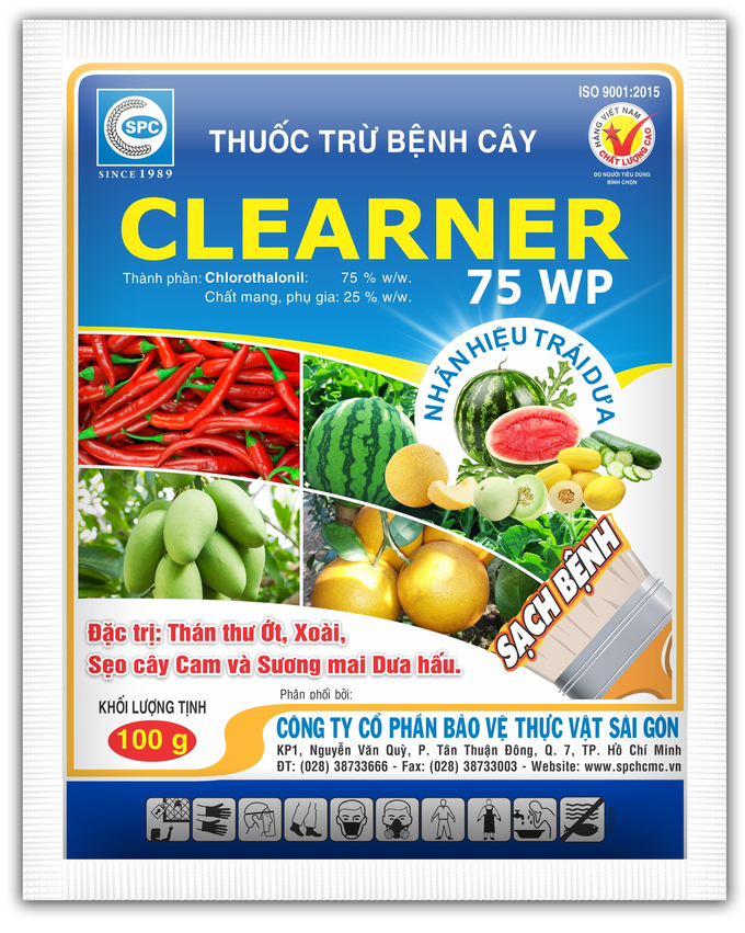 Thuốc trừ bệnh Clearner 75WP của Công ty Cổ phần BVTV Sài Gòn - SPC phòng trị hiệu quả bện sương mai trên dưa hấu và các loại bầu, bí. Ảnh: Minh Tuyên.