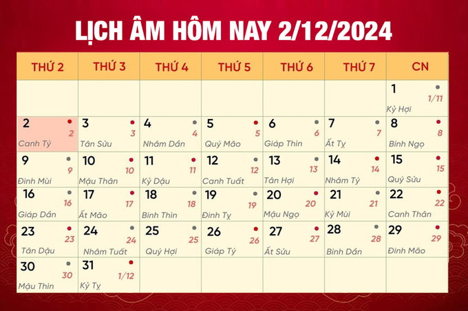 Lịch âm 2/12, xem âm lịch hôm nay Thứ 2 ngày 2/12/2024 đầy đủ nhất