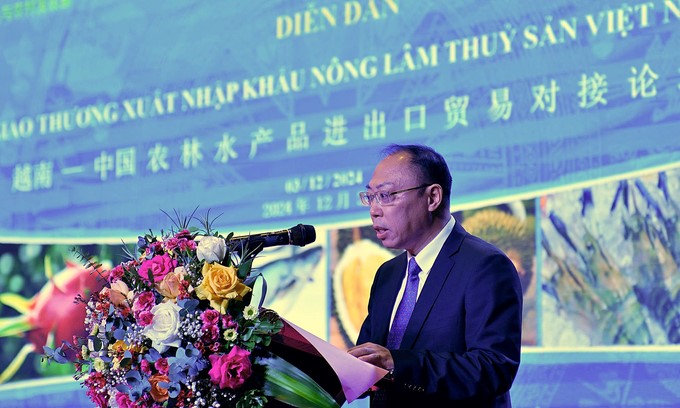 Mr. Chau Binh, representative of the Chongzuo City Government (Guangxi, China), spoke at the Vietnam-China Agricultural, Forestry, and Fishery Import-Export Trade Connection Forum. Photo: Bao Thang.