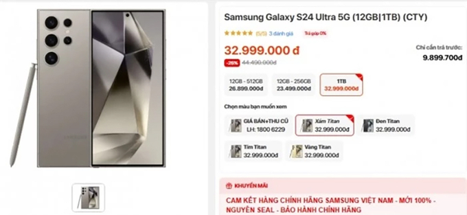 Giá Samsung Galaxy S24 Ultra 5G tại một đơn vị bán lẻ.