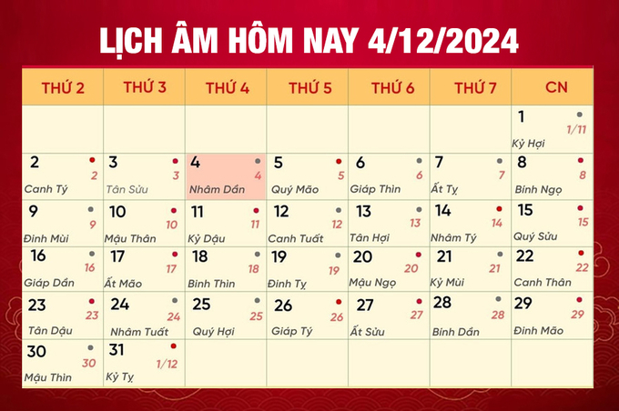 Lịch âm 4/12, xem âm lịch hôm nay Thứ 4 ngày 4/12/2024 đầy đủ nhất