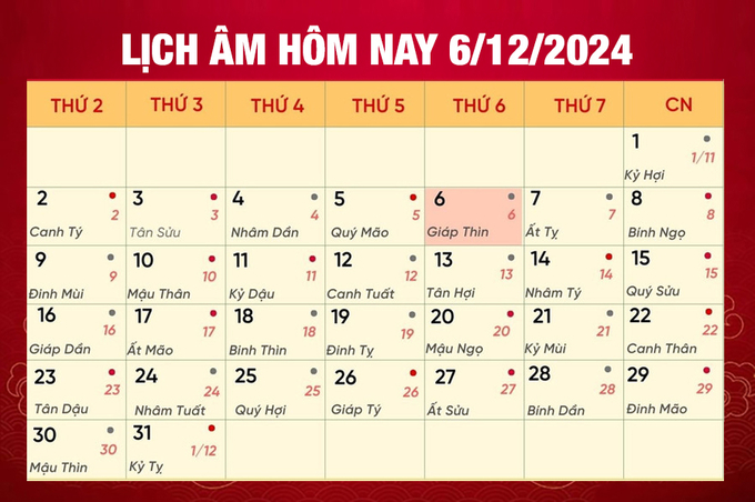 Lịch âm 6/12, xem âm lịch hôm nay Thứ 6 ngày 6/12/2024 đầy đủ nhất