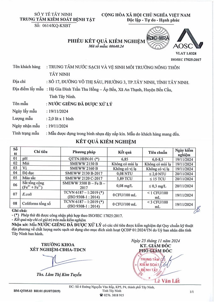 Kết quả xét nghiệm mẫu nước tại hộ dân phản ánh. Ảnh: TTNS.