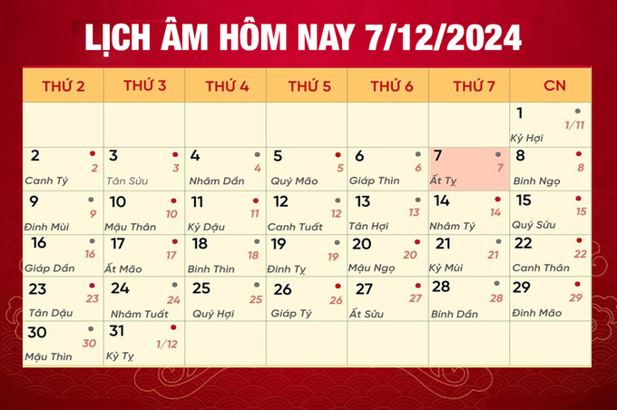 Lịch âm 7/12, xem âm lịch hôm nay Thứ 7 ngày 7/12/2024 đầy đủ nhất