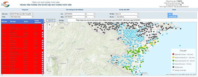 Bản đồ theo dõi lượng mưa được cập nhật thông qua website của Tổng cục Khí tượng thủy văn. Ảnh: Quốc Toản. 