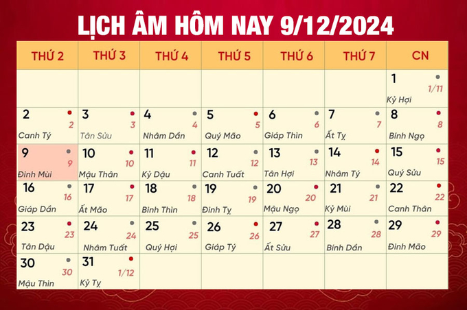 Lịch âm 9/12, xem âm lịch hôm nay Thứ 2 ngày 9/12/2024 đầy đủ nhất