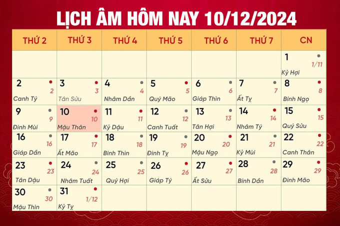 Lịch âm 10/12, xem âm lịch hôm nay Thứ 3 ngày 10/12/2024 đầy đủ nhất