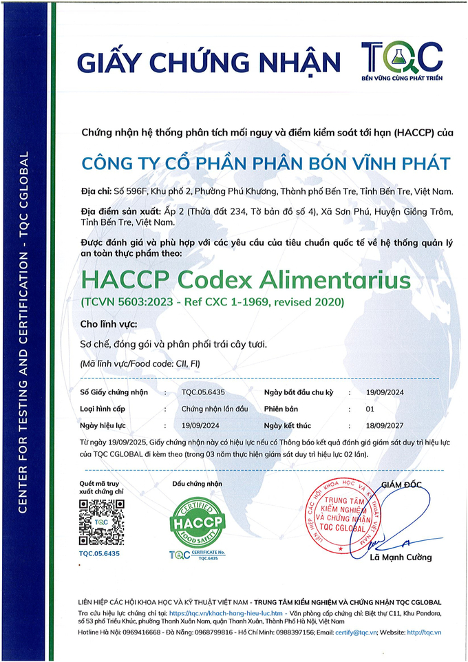 Giấy chứng nhận hệ thống phân tích mối nguy và điểm kiểm soát tới hạn (HACCP) của Công ty Cổ phần Phân bón Vĩnh Phát. 