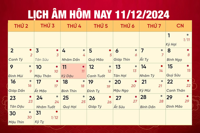 Lịch âm 11/12, xem âm lịch hôm nay Thứ 3 ngày 11/12/2024 đầy đủ nhất