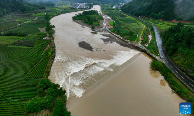 An aerial drone photo taken on June 16, 2024 shows the flood in Wuyishan of Nanping city, East China's Fujian Province. Photo: Xinhua.