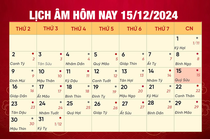 Lịch âm 15/12, xem âm lịch hôm nay Thứ 7 ngày 15/12/2024 đầy đủ nhất