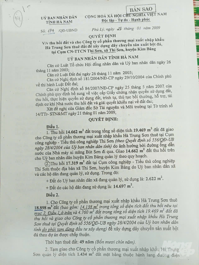 Quyết định về việc thu hồi đất và cho Công ty Hà Trung Sơn thuê đất để xây dựng dây chuyền sản xuất bột đá tại cụm CN-TTCN Thi Sơn, xã Thi Sơn, huyện Kim Bảng.