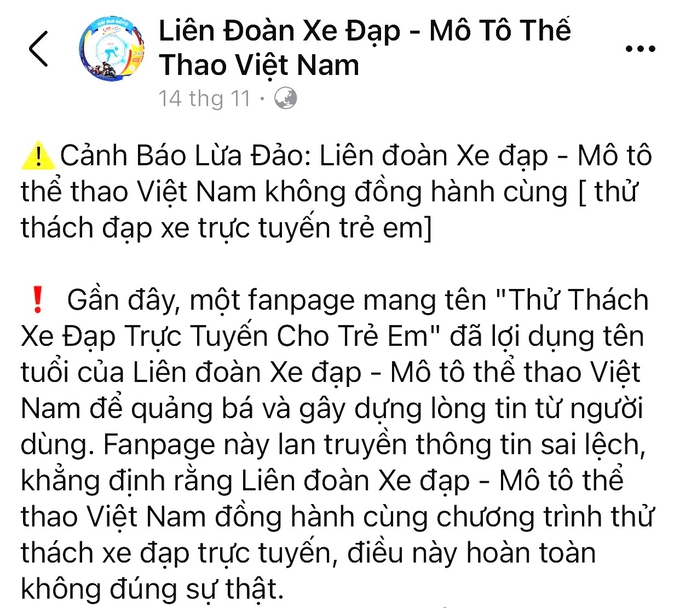 Cảnh báo từ Liên đoàn Xe đạp - Mô tô thể thao Việt Nam. Ảnh: Ảnh chụp màn hình. 