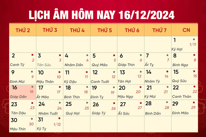 Lịch âm 16/12, xem âm lịch hôm nay Thứ 2 ngày 16/12/2024 đầy đủ nhất