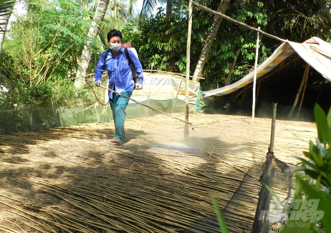 Phun tiêu độc khử trùng, vệ sinh khu vực chăn nuôi, chuồng trại, bảo vệ đàn vật nuôi. Ảnh: Trung Chánh.