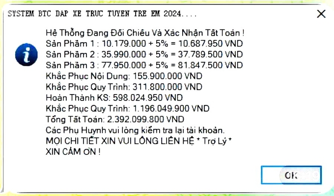 Tổng giao dịch mà chị T.L. bị lừa chuyển tiền lên đến hơn 2 tỷ đồng. Ảnh: Ảnh chụp màn hình. 