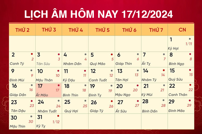 Lịch âm 17/12, xem âm lịch hôm nay Thứ 3 ngày 17/12/2024 đầy đủ nhất