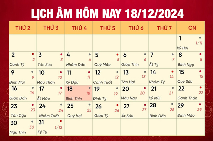 Lịch âm 18/12, xem âm lịch hôm nay Thứ 4 ngày 18/12/2024 đầy đủ nhất