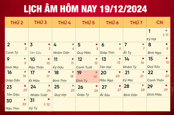 Lịch âm 19/12, xem âm lịch hôm nay Thứ 5 ngày 19/12/2024 đầy đủ nhất