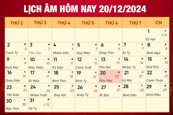 Lịch âm 20/12, xem âm lịch hôm nay Thứ 6 ngày 20/12/2024 đầy đủ nhất