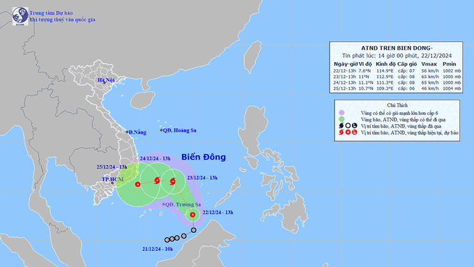 Dự báo hướng di chuyển của áp thấp nhiệt đới trên biển Đông. Ảnh: TT KTTV Quốc gia