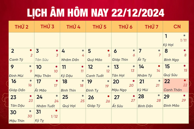 Lịch âm 22/12, xem âm lịch hôm nay Chủ Nhật ngày 22/12/2024 đầy đủ nhất