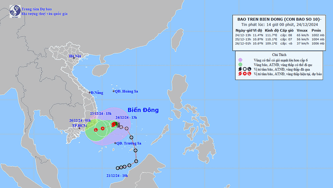 Dự báo hướng di chuyển của cơn bão số 10 trên biển Đông. Ảnh: TT KTTV Quốc gia